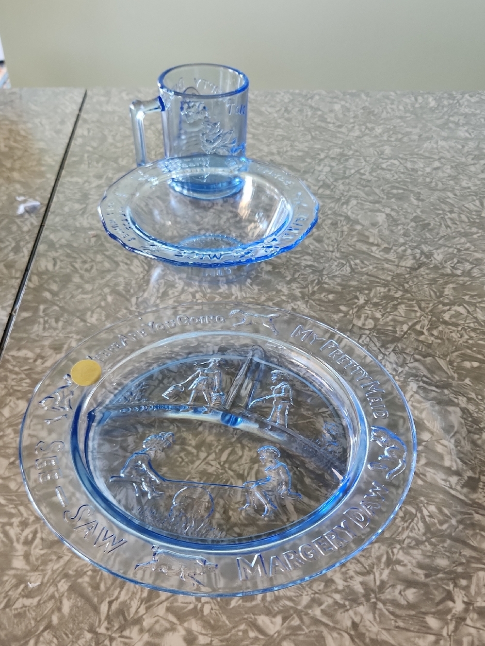 Tiara Blue Embossed Divided Glass Plate And Bowl  with Blue Handle Cup
